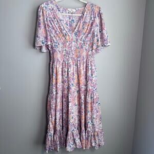 Entro Floral Tiered Midi Dress Women's Large Smocked Waist Flutter Sleeve Spring